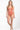 Woman wearing a rust-colored one-piece swimsuit on a white background