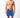 Man wearing blue swim shorts with a white pattern on a white background