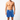 Man wearing blue swim shorts with a white pattern on a white background