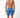 Man wearing blue patterned swim shorts on a white background