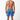 Man wearing blue patterned swim shorts on a white background